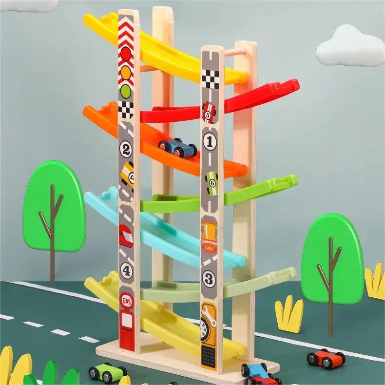 4/7 Track Wooden Ramp Racing Toddler Toy Car Set Montessori Educational Toy Game Mini Inertia Slide Roller Coaster Racing