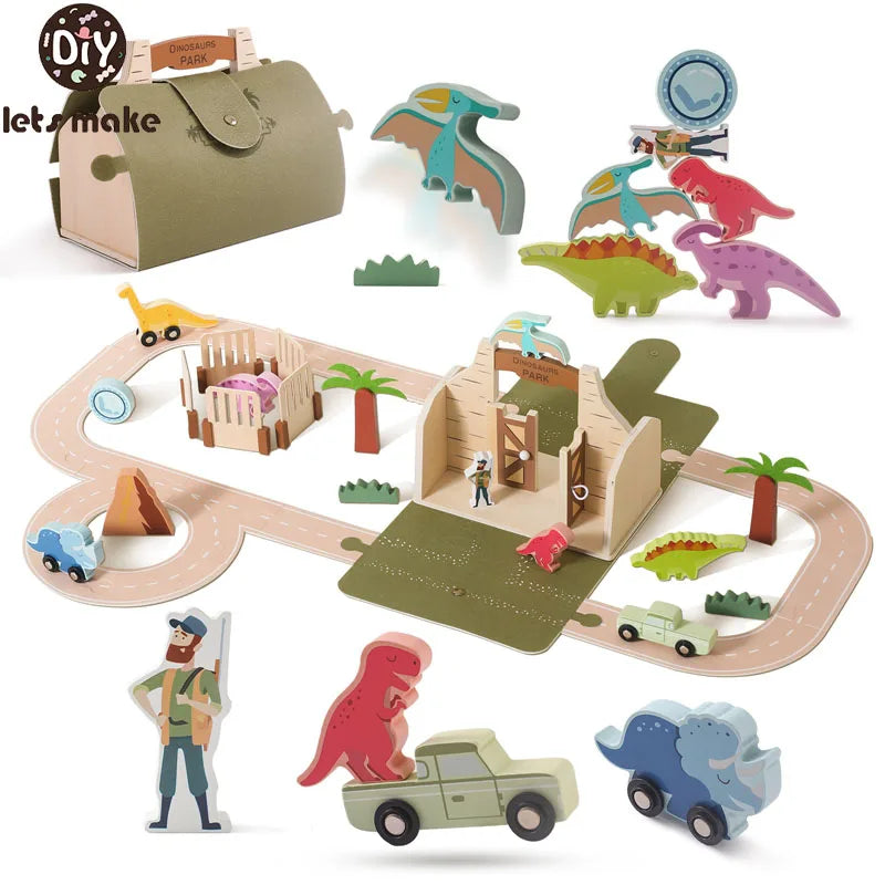 Wooden Montessori Toy Dinosaur Park Animals Barn Toy for Children Stacking Educational Toy Wooden Car Track Toy Christmas Gift