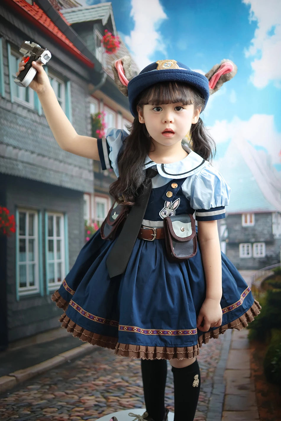 Movie Zootropolis Judy Cosplay Costume Kids Dress Tie Headdress Belt Socks Full Set Girls Police Role Play Uniform Halloween