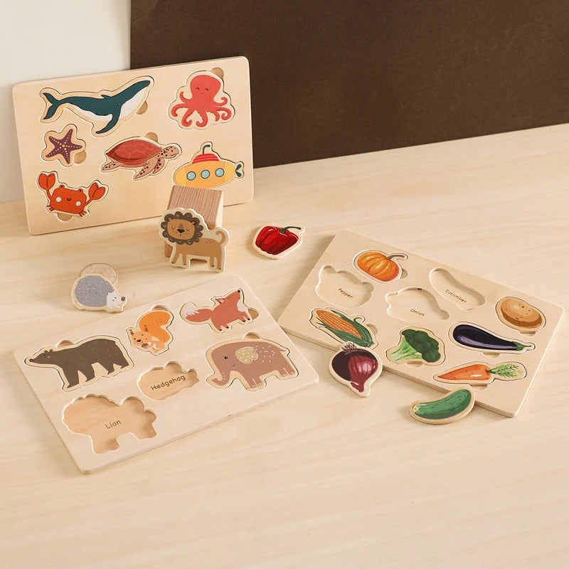 Let's Make Wooden Puzzle Toy Children Cartoon Animal Shape Puzzle Baby Early Education and Intellectual Building Block Toy Gifts