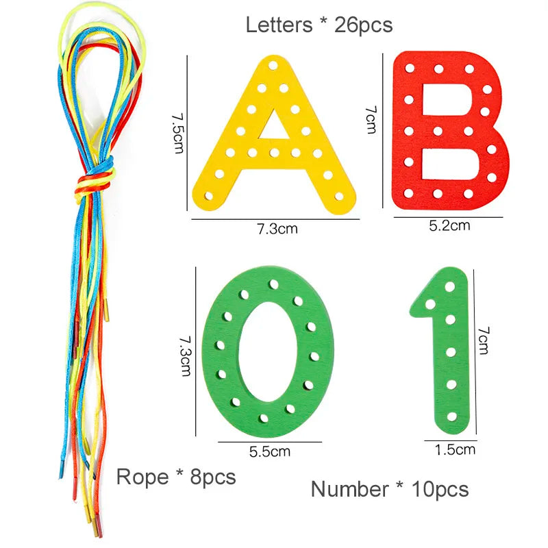 Wooden Number Letter Rope Game Early Education Cognitive Handmade Rope Letter Educational Toys Hand Eye Coordination Training