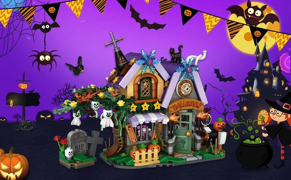 Halloween Creative Building Blocks Set Halloween Hut Haunted House Pumpkin House Decoration Bricks Kit Toys Birthday Party Gifts