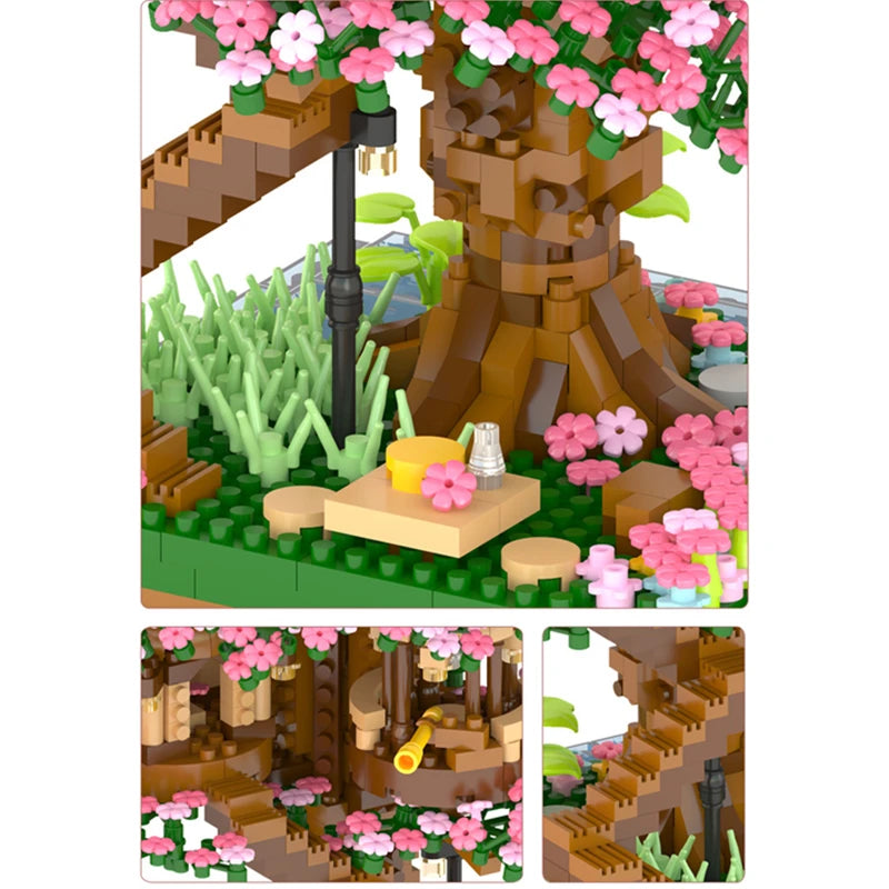 DIY Purple Romantic Cherry Blossom Flower Pink Tree House Train Assembly Building Blocks Classic Model Bricks Sets Kid