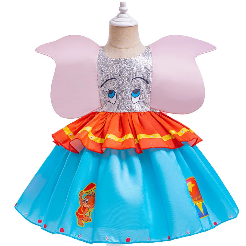 Baby Girl Dumbo Cosplay Dress Big Ear Fly Elephant Disguise Frocks Kids Kindergarten Stage Performance Outfits Carnival Sets