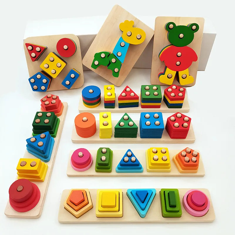 Wooden Geometric Shape Five Sets of Columns Wisdom Column Montessori Toys Early Education Cognitive Building Blocks Toy Gift