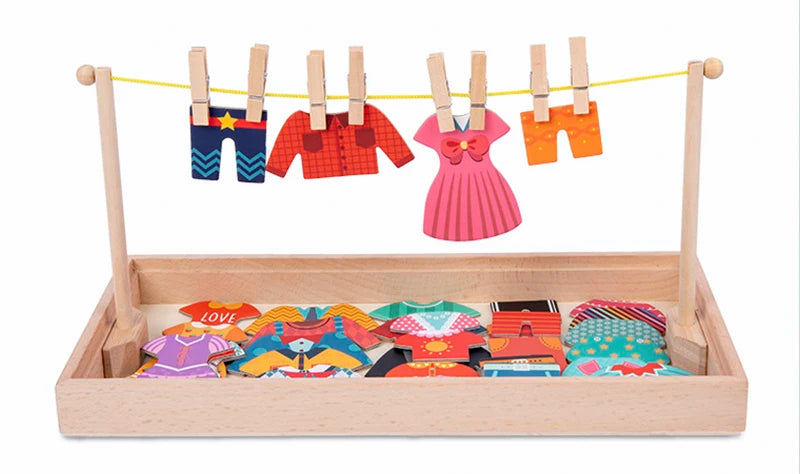 Drying Rack Clothes Dress-Up Jigsaw Puzzle Logical Thinking Matching Sorting Educational Game Kids Montessori Wooden Toys Girls