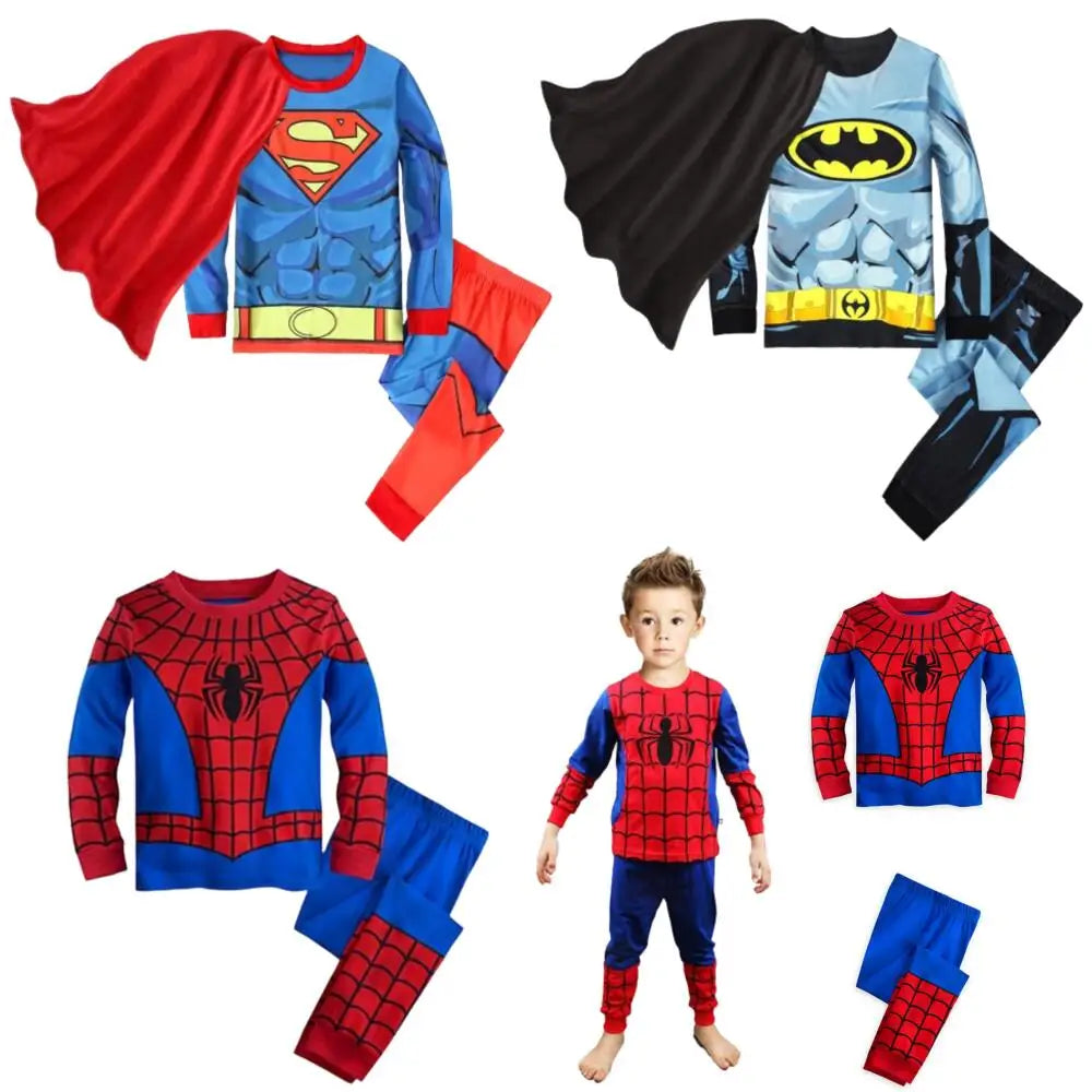 Children Super Hero Captain America Batman Cosplay Pajamas Cartoon Spider-Man Long Sleeve Top+Pant+Cape Suit 2-8T Baby Sleepwear