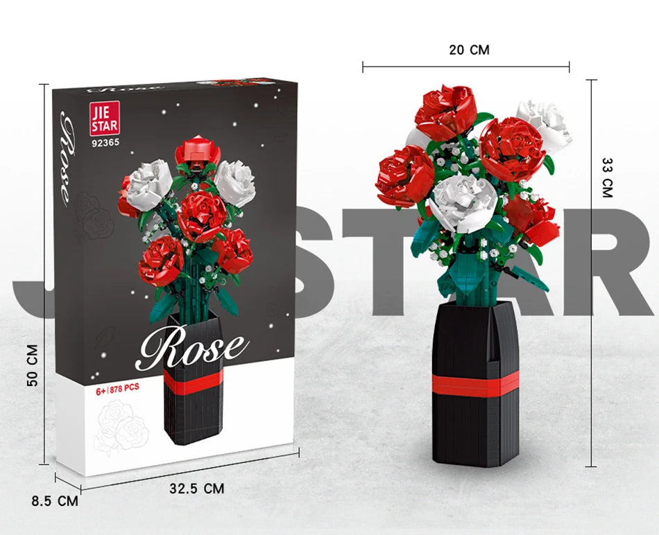 Creative Red Rose Vase Plants Model Building Blocks Moc Romantic Classic Flowers Bouquet Potted Bricks Toys Valentine's Day Gift