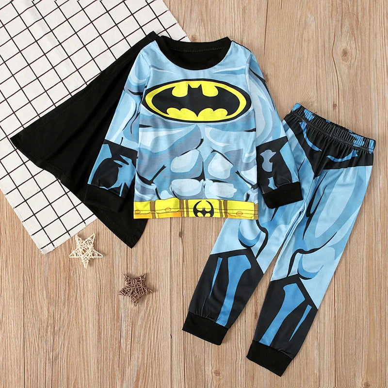 Children Super Hero Captain America Batman Cosplay Pajamas Cartoon Spider-Man Long Sleeve Top+Pant+Cape Suit 2-8T Baby Sleepwear