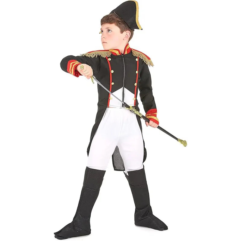 Black French Soldier Child Coat Suit Halloween Fancy Dress Up Napoleon Costume For Boys