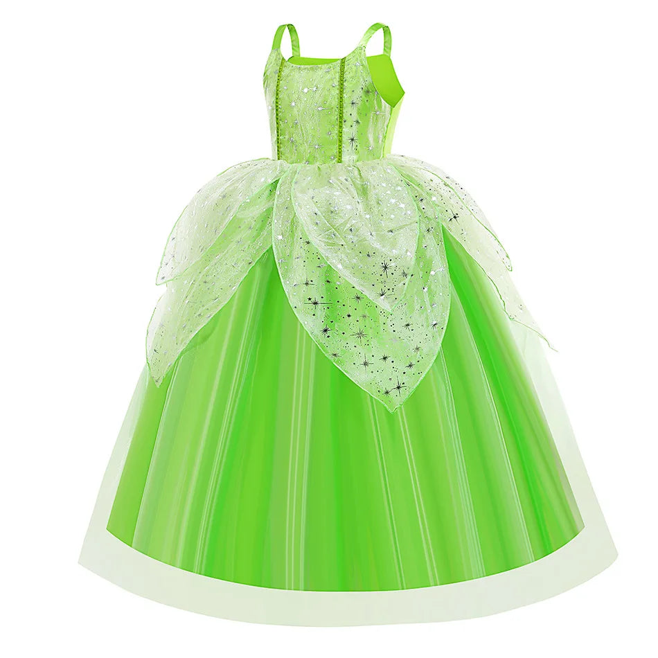 Tinker Bell Sling Dress Kids Summer Glitter Green Princess Costume Stage Performance Outfits Children Cosplay Party Elegant Gown