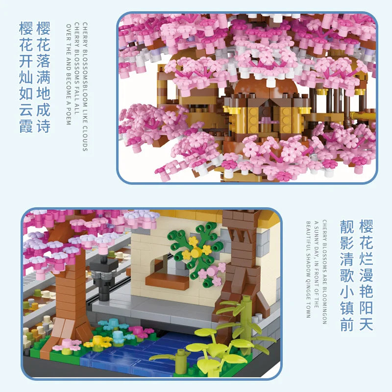 DIY Purple Romantic Cherry Blossom Flower Pink Tree House Train Assembly Building Blocks Classic Model Bricks Sets Kid