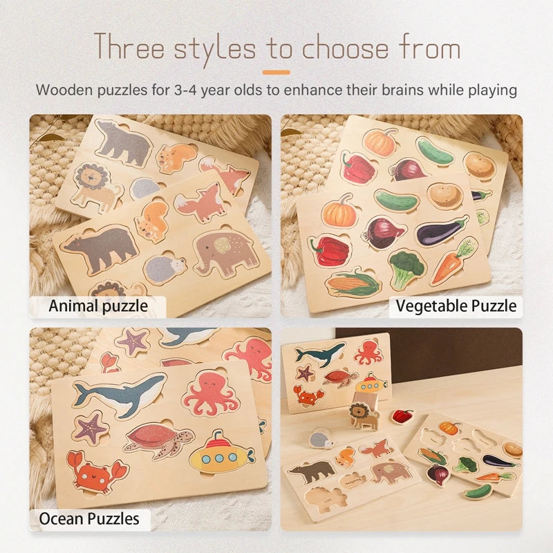 Let's Make Wooden Puzzle Toy Children Cartoon Animal Shape Puzzle Baby Early Education and Intellectual Building Block Toy Gifts