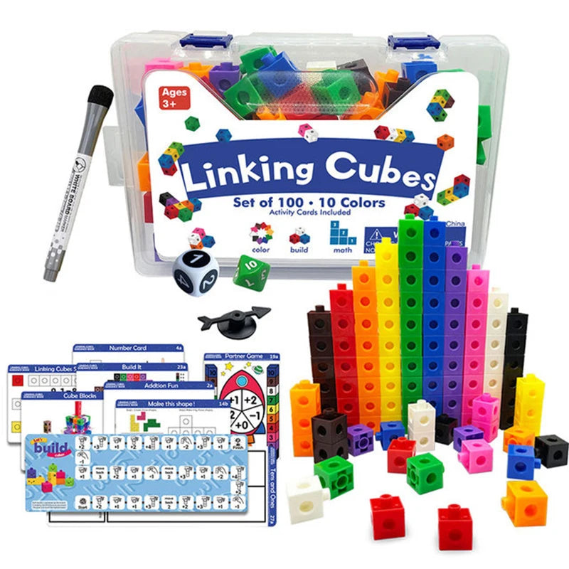 Linking Cubes Math Blocks Toy with Activity Cards 100pcs Numbers Counting Set Snap Toy Counters Kids Educational Learning Gifts