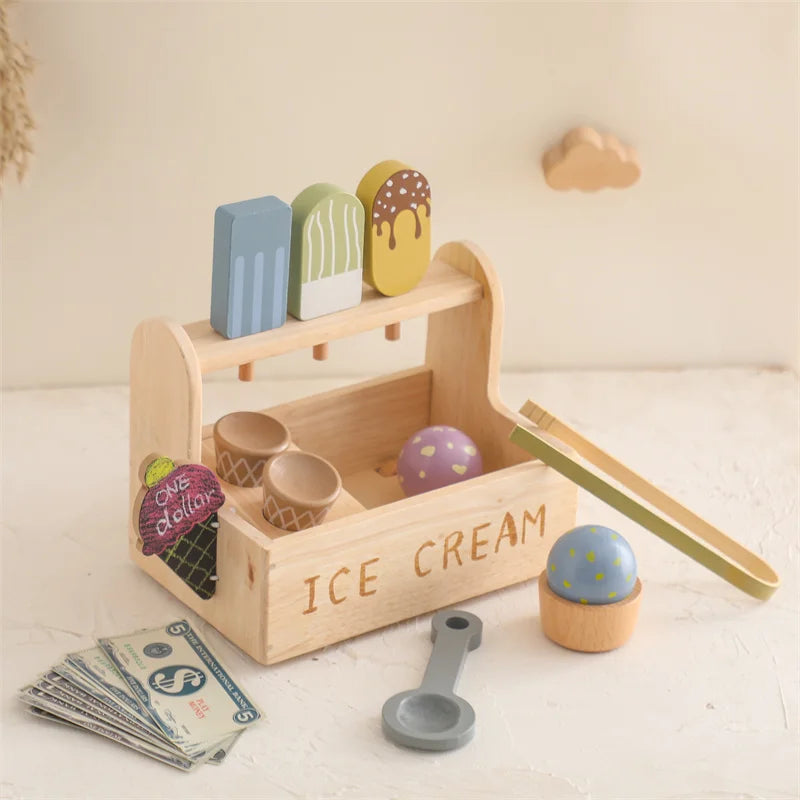 Kid Wooden Ice Cream Shop Pretend Play Set Educational Montessori Toy  Children Simulation Sales Ice Cream Toy Kid Birthday Gift