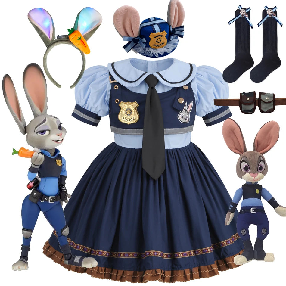 Movie Zootropolis Judy Cosplay Costume Kids Dress Tie Headdress Belt Socks Full Set Girls Police Role Play Uniform Halloween