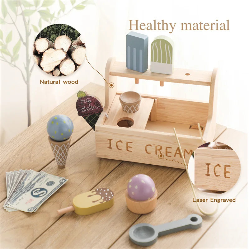 Kid Wooden Ice Cream Shop Pretend Play Set Educational Montessori Toy  Children Simulation Sales Ice Cream Toy Kid Birthday Gift