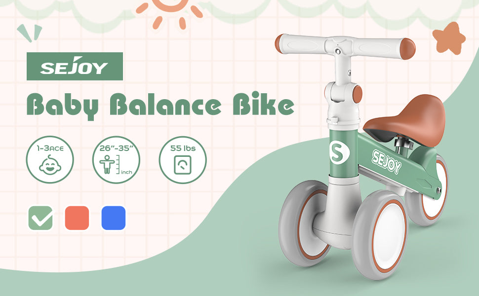 SEJOY Baby Balance Bike 4 Wheels Toddler Walker Bicycle Toys Birthday Gifts For Girl Boy 3 Colors 1-3 Years Old Kids